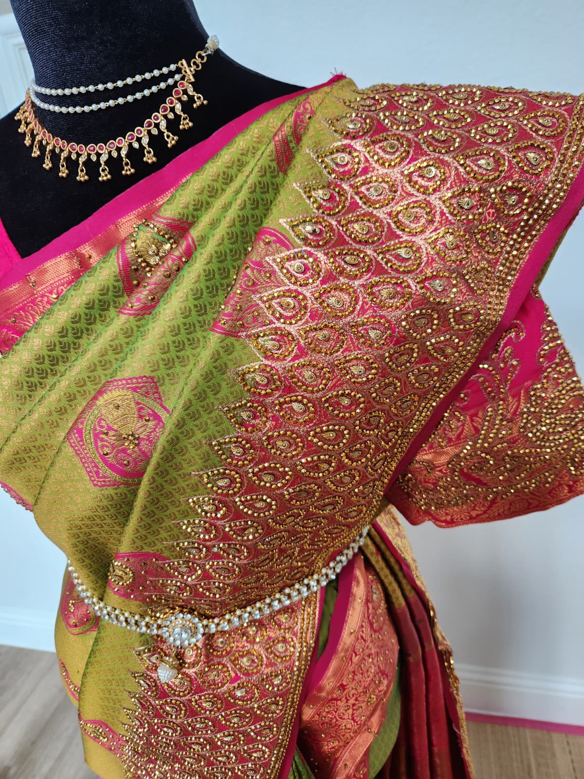 Olive/Mehendi green with a bright Rani pink - Premium Kanchi Silk Saree with Hand Zardosi Work