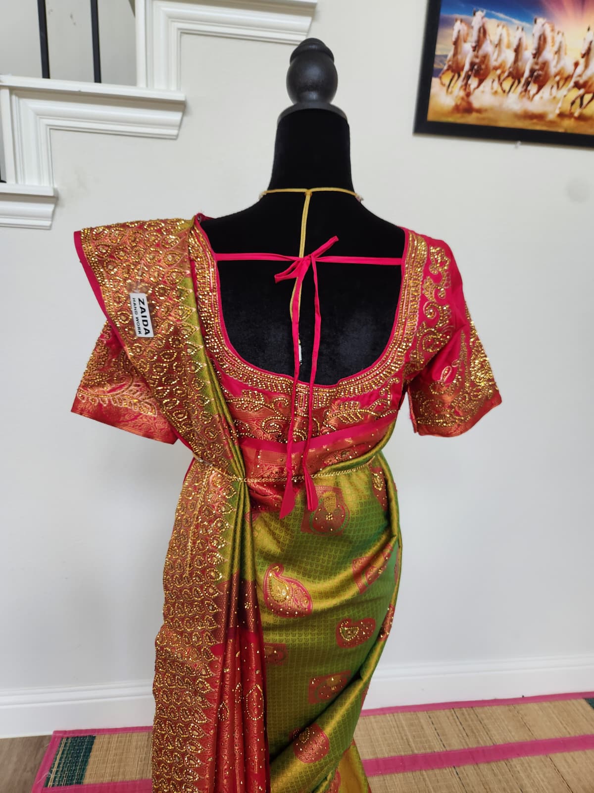 Olive/Mehendi green with a bright Rani pink - Premium Kanchi Silk Saree with Hand Zardosi Work