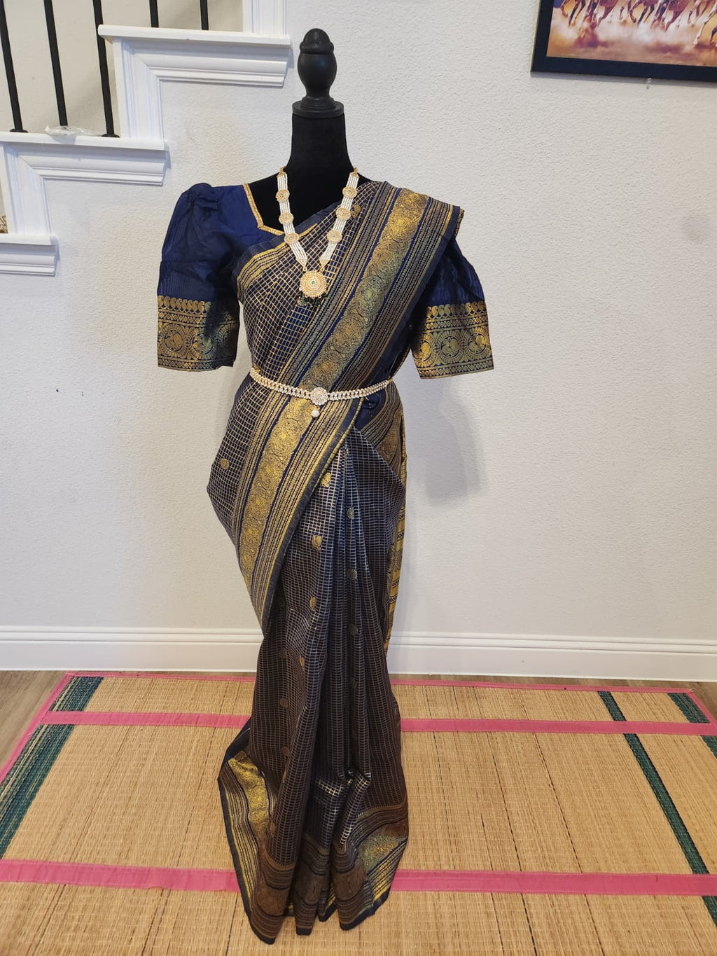 Navy Banarasi Soft Silk Saree, Zari Peacock Border