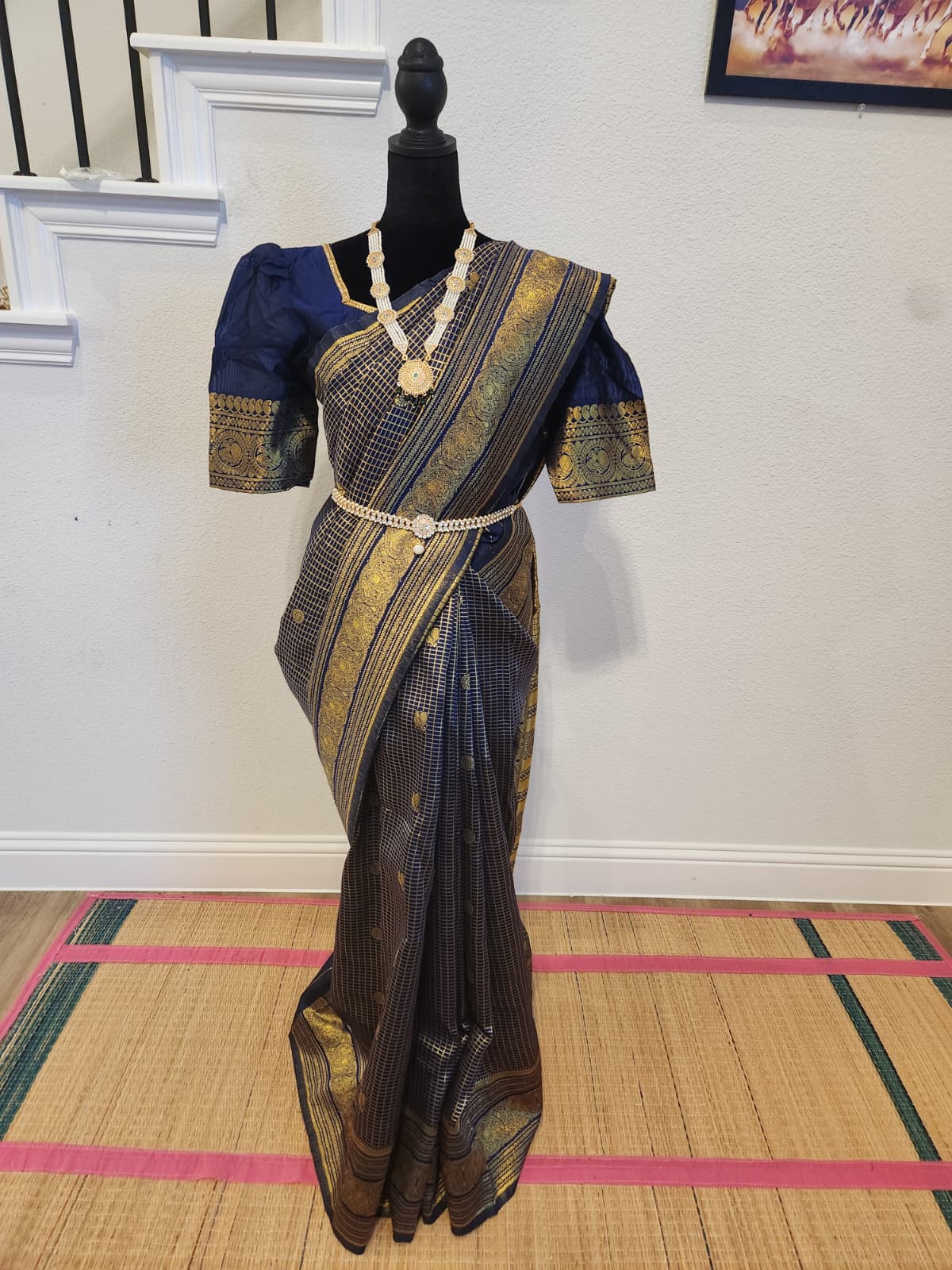 Navy Banarasi Soft Silk Saree, Zari Peacock Border