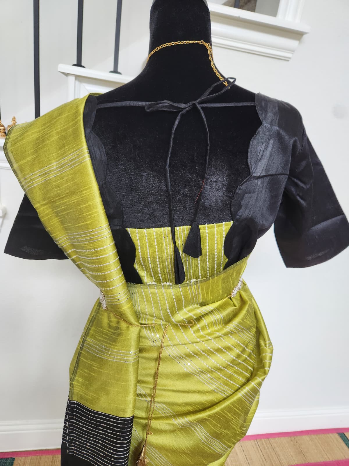 Lime Green & Black Color-Block Silk Saree with Tassels