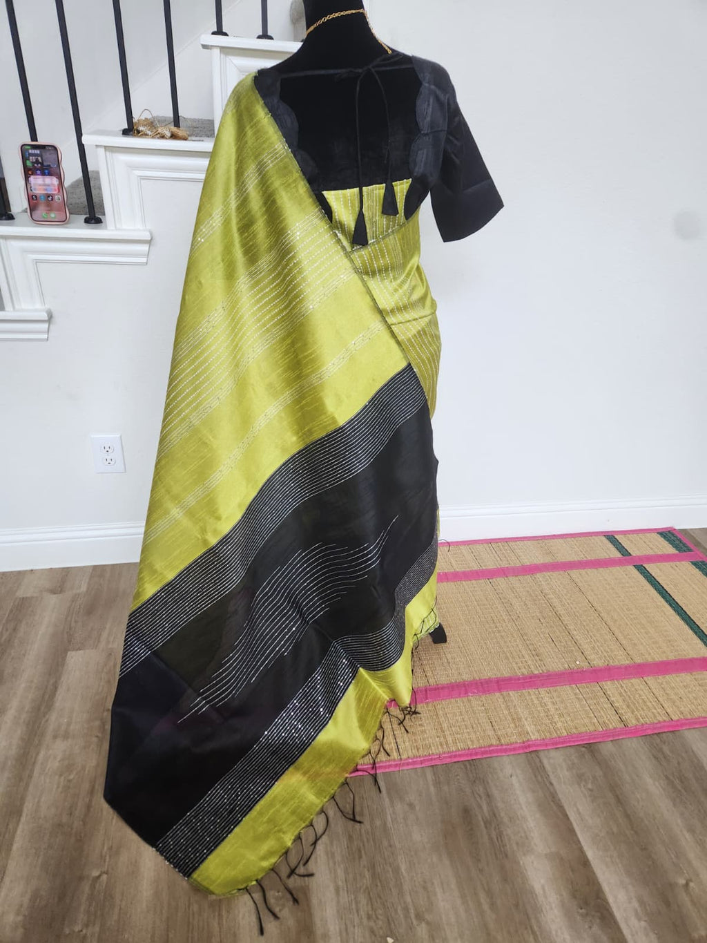 Lime Green & Black Color-Block Silk Saree with Tassels