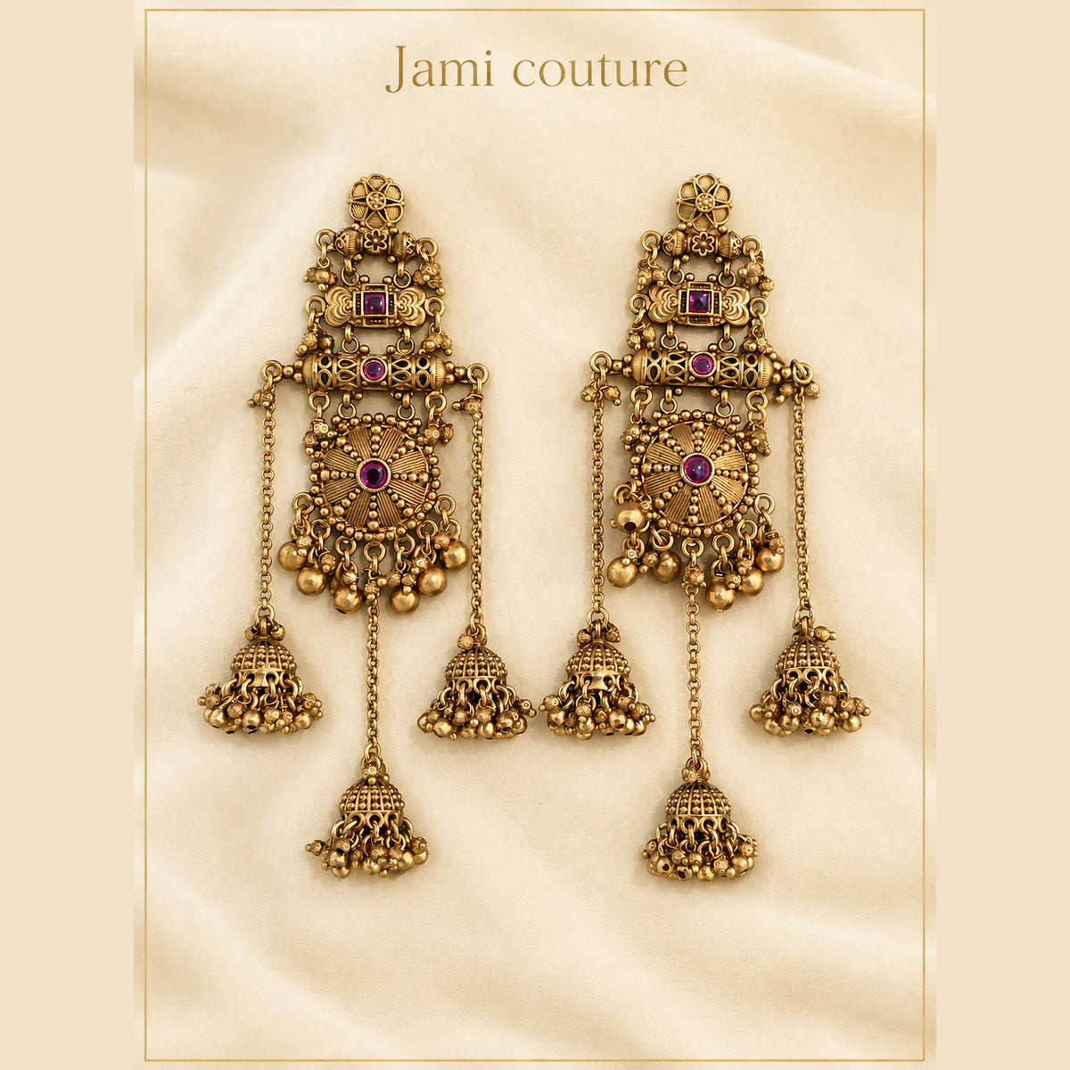 Antique Chandelier Jhumkas with Ruby & Chain Bells