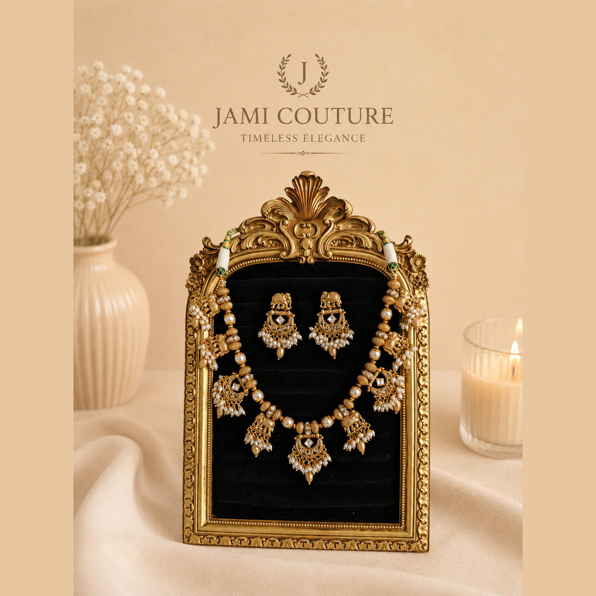 Antique Elephant Temple Necklace Set, Kundan & Pearl