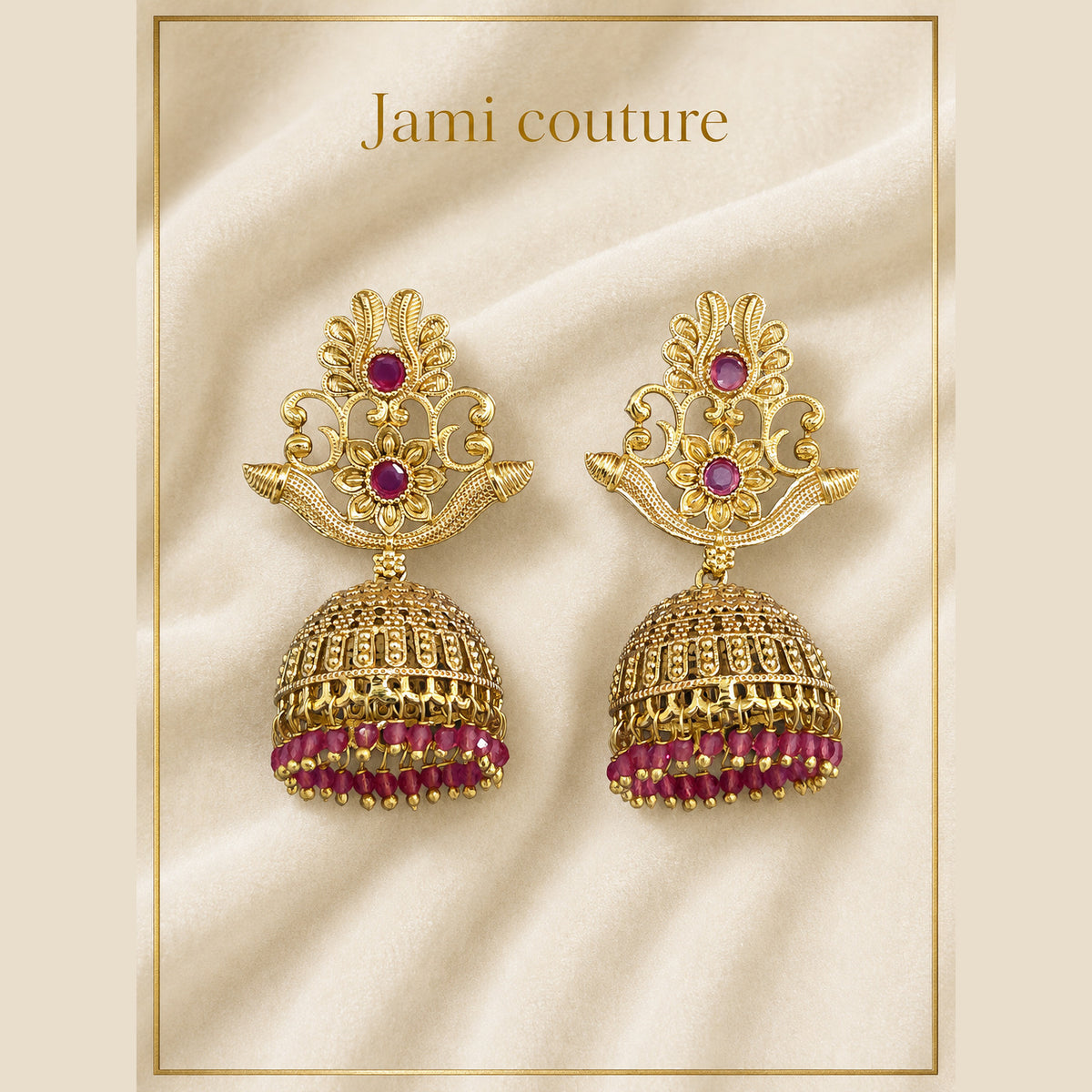 Antique Floral Jhumkas with Ruby & Pink Bead Fringe