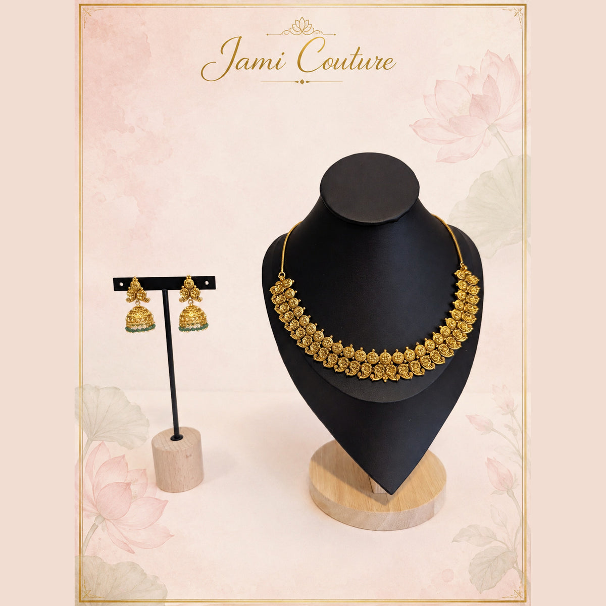 Antique Mango Necklace Set with Green Bead Jhumkas