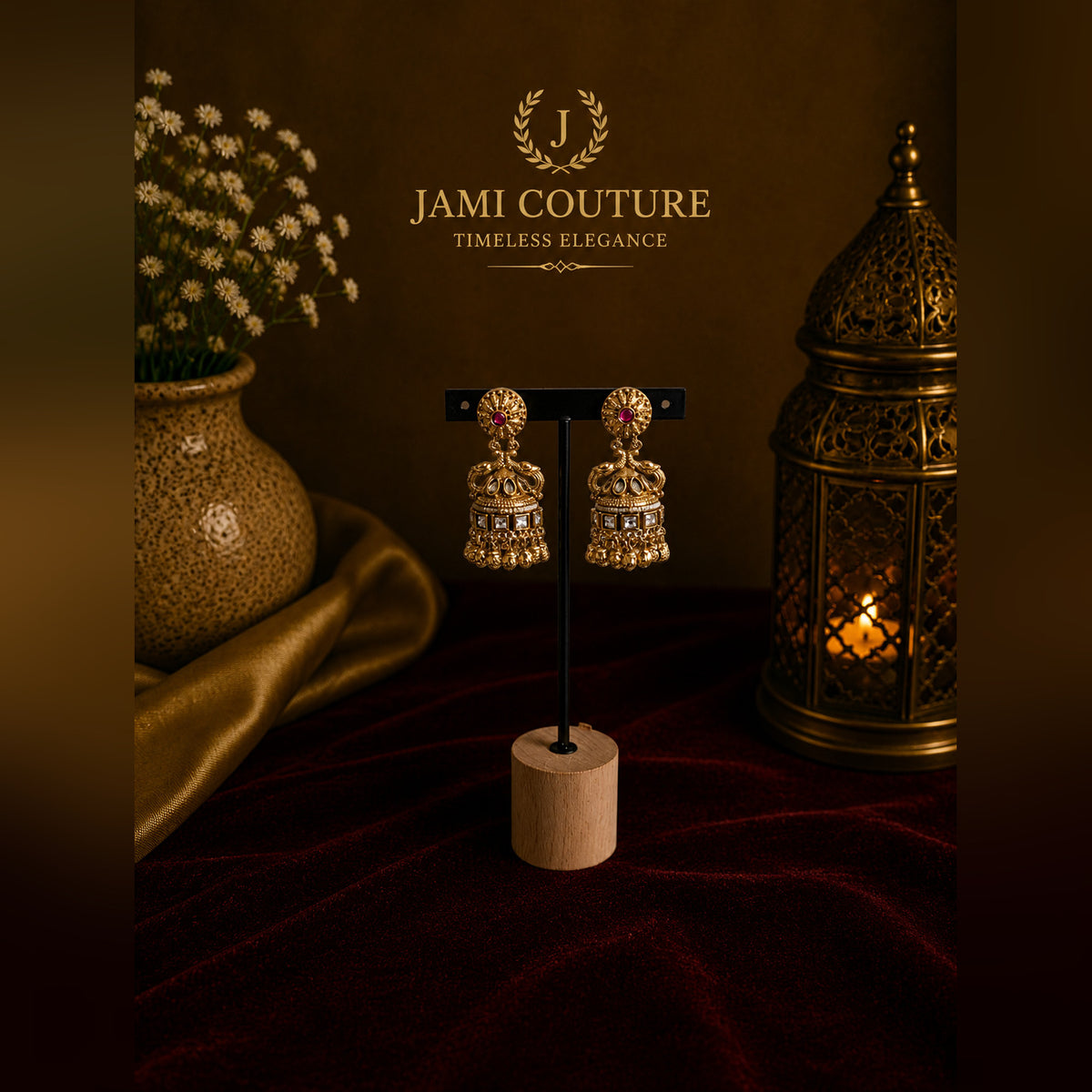 Antique Gold Jhumka Earrings with Ruby & Pearls