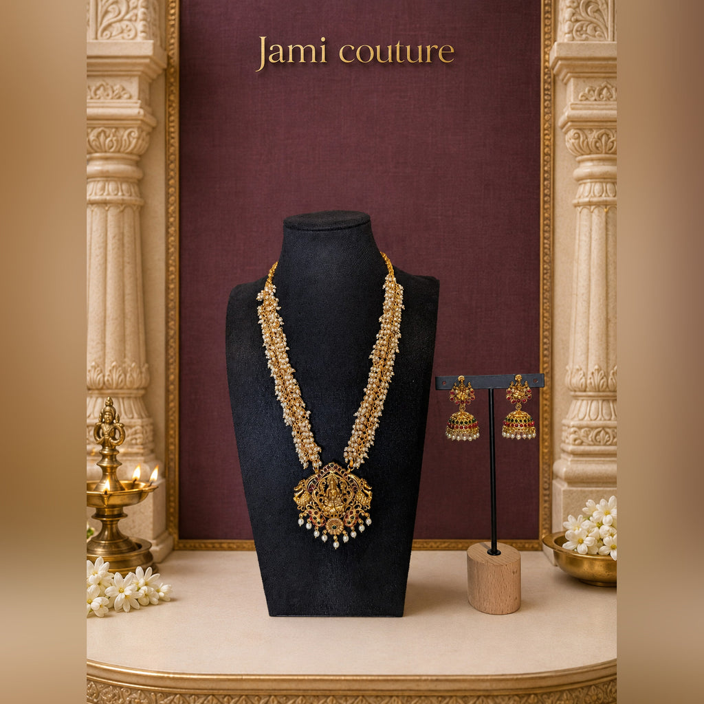 Lakshmi Pearl Cluster Long Haram Set with Jhumkas