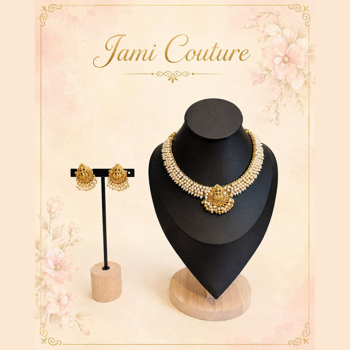Lakshmi Pearl Cluster Necklace Set with Earrings
