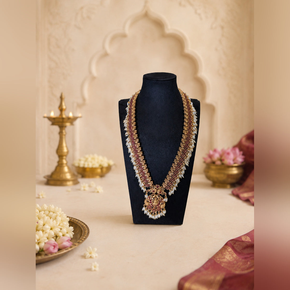 Lakshmi Ruby Long Haram Set with Earrings
