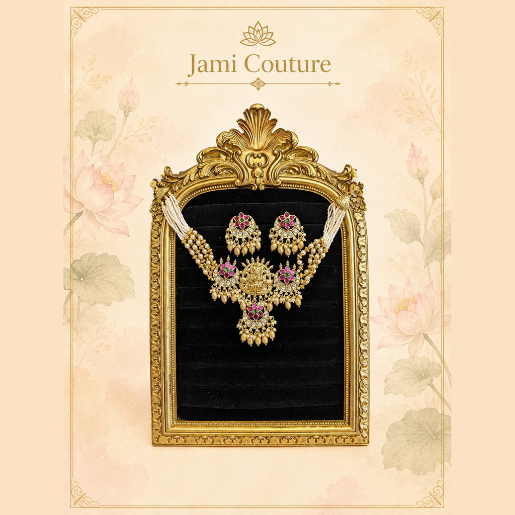 Lakshmi Temple Necklace Set, Ruby & Green Kundan