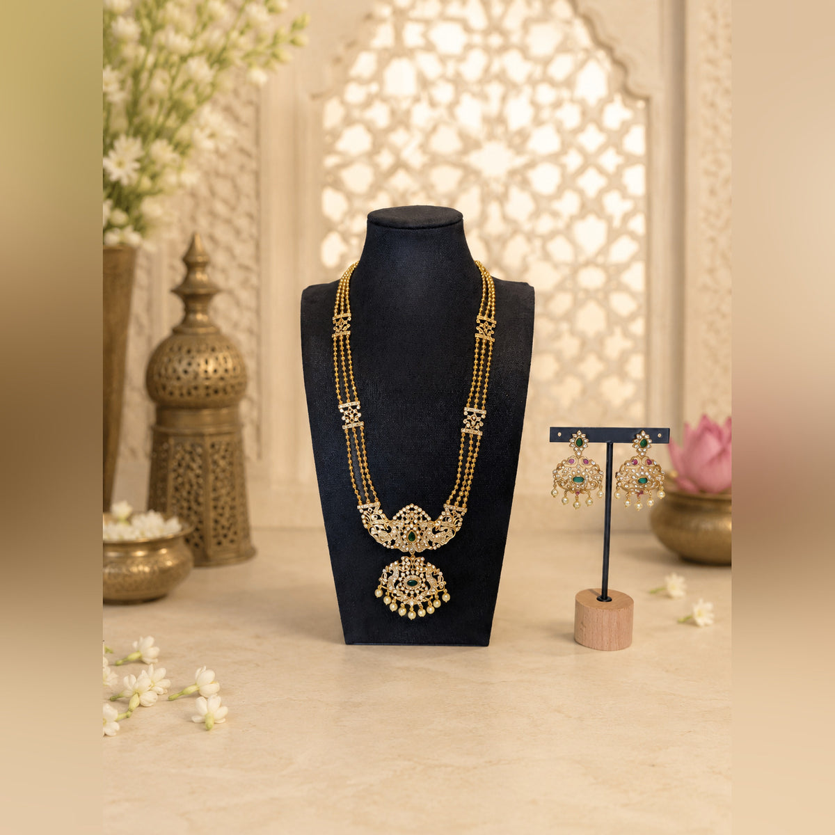 Antique Multi-Layered Chain Necklace Set, Ruby Pendant