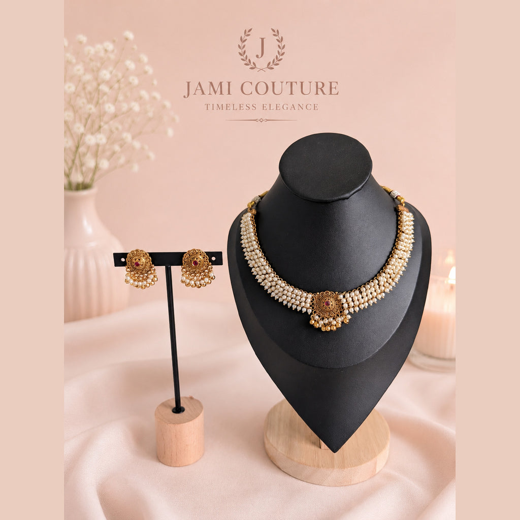 Antique Pearl Cluster Necklace Set with Jhumkas