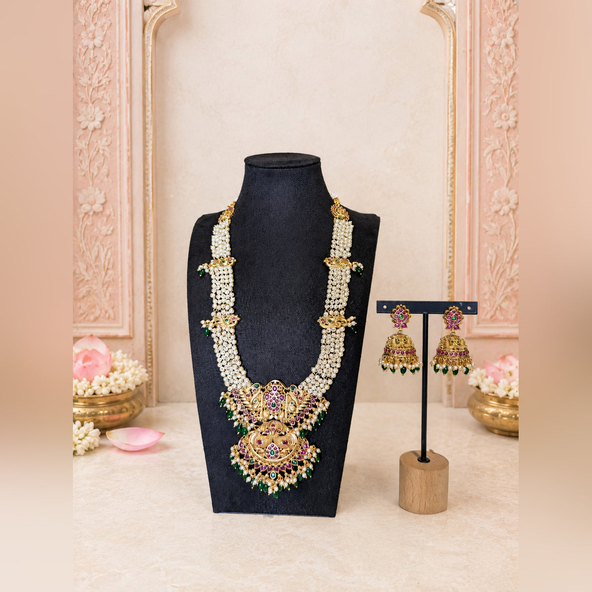 Pearl Temple Long Haram Set with Ruby & Emerald