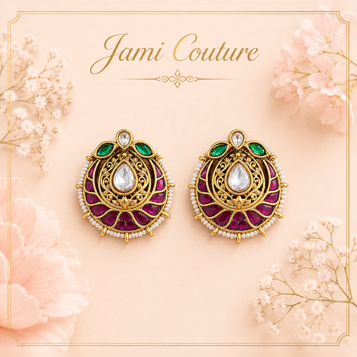 Antique Ruby, Emerald & Kundan Studs with Pearls