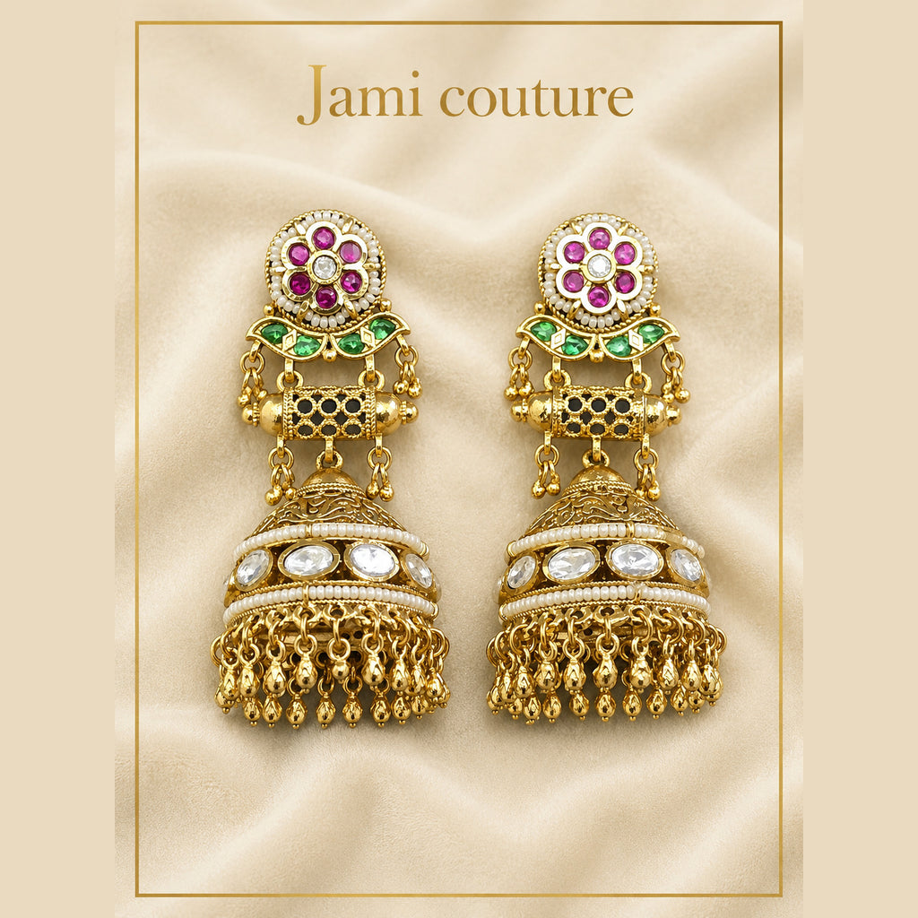 Antique Kundan Jhumkas, Ruby & Emerald, Gold Fringe