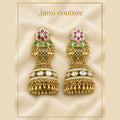 Antique Kundan Jhumkas, Ruby & Emerald, Gold Fringe