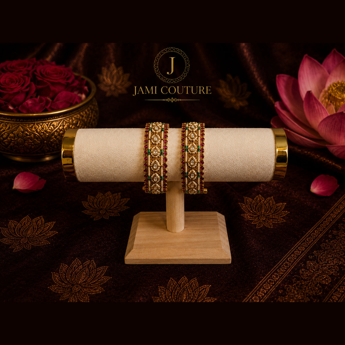 Antique Kundan Openable Bangles, Ruby & Pearl, Set of 2