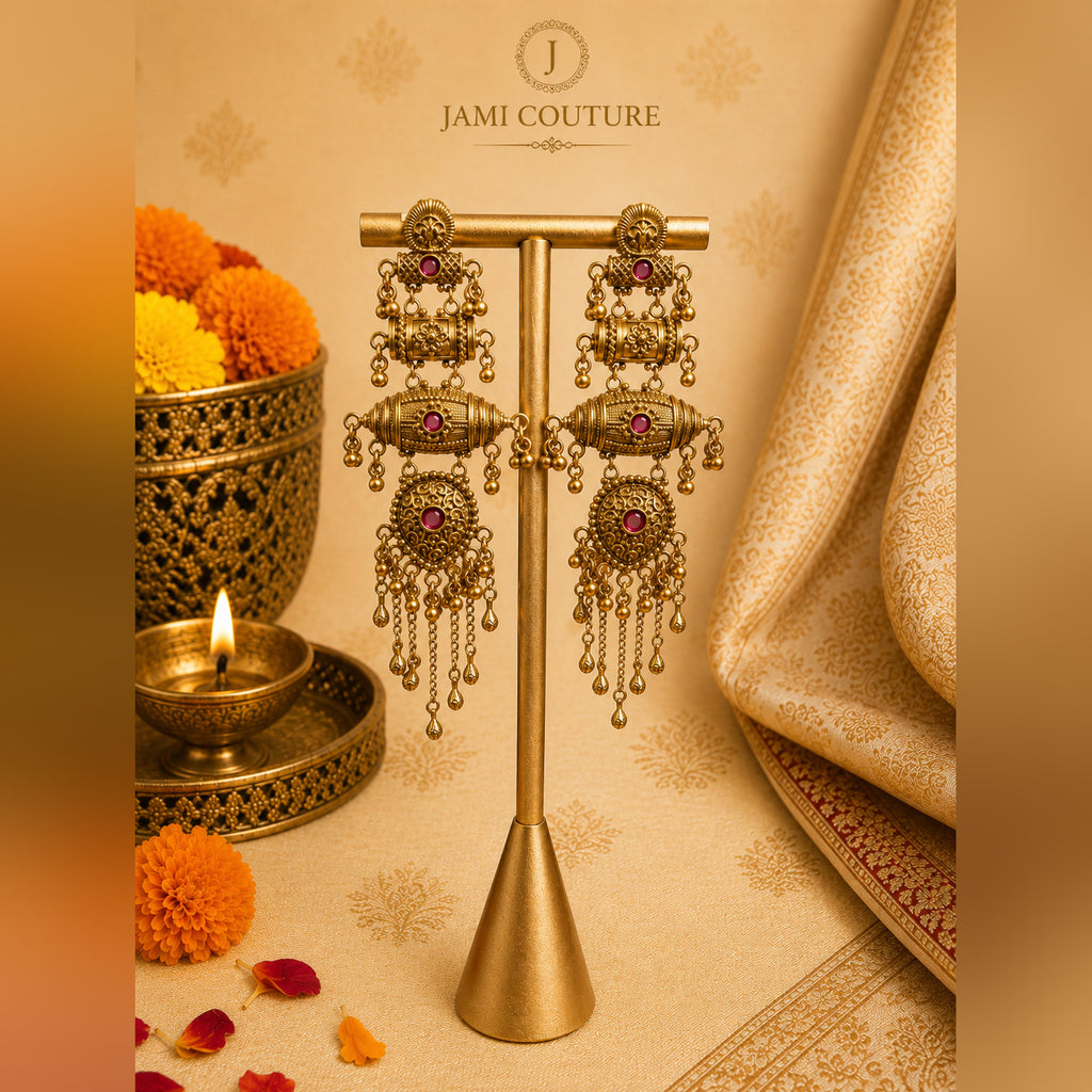 Antique Tiered Chandelier Earrings with Ruby Stones