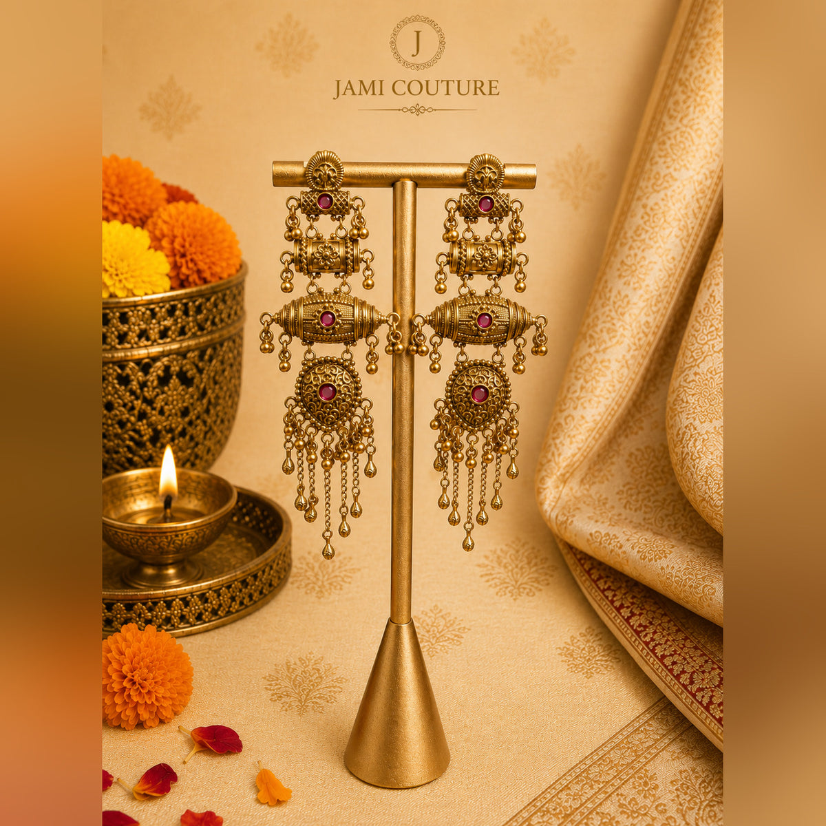 Antique Tiered Chandelier Earrings with Ruby Stones