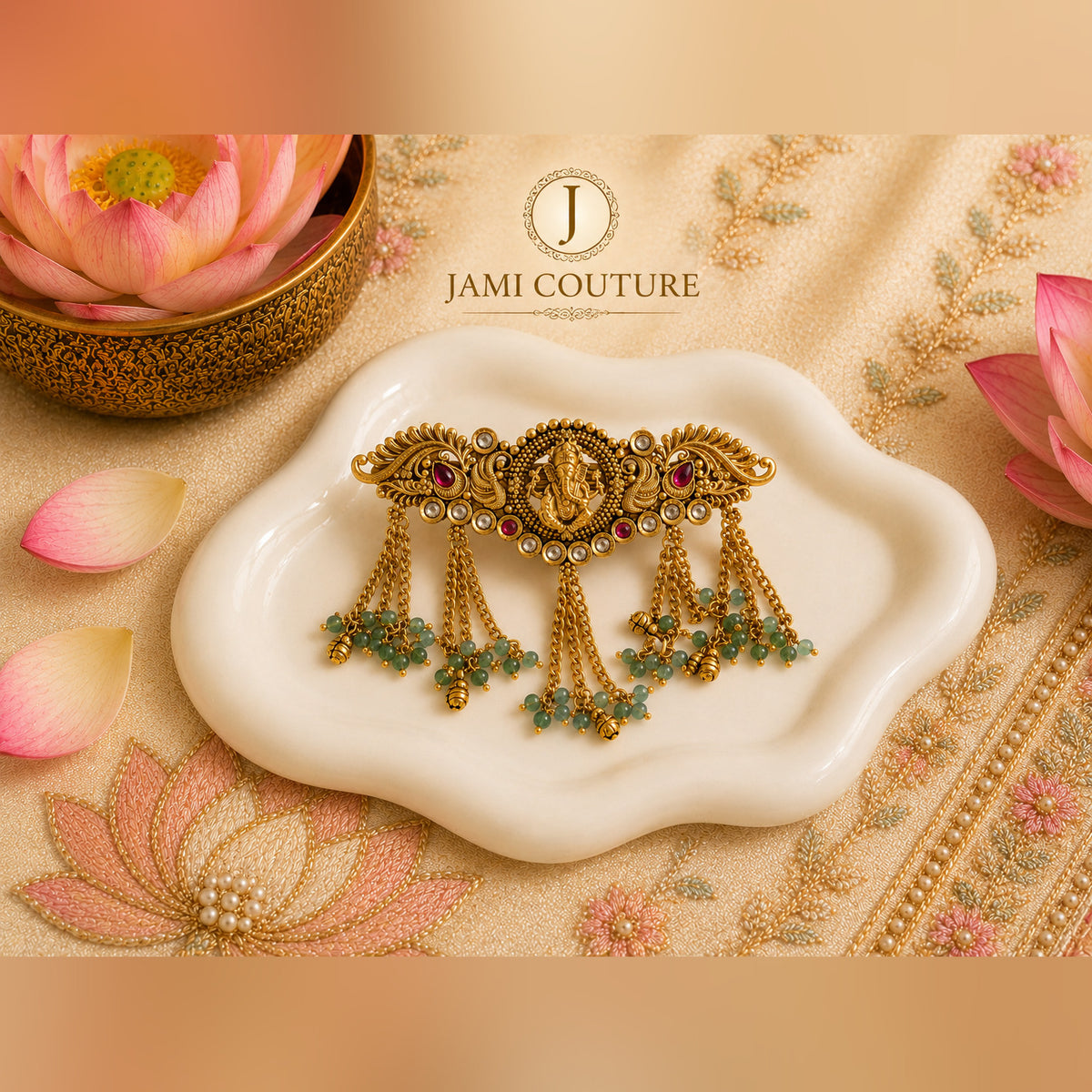 Temple Ganesha Hair Clip with Green Bead Tassels