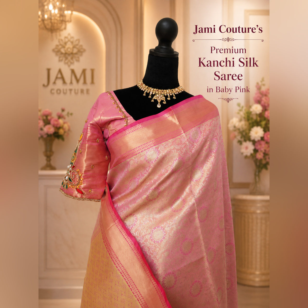 Baby Pink Kanchivaram Silk Saree, Maggam Blouse