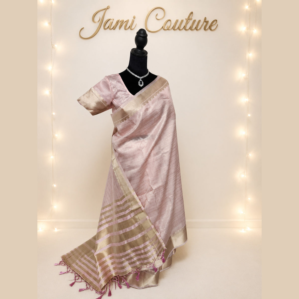 Baby Pink Tissue Organza Saree, Gold Zari Checks
