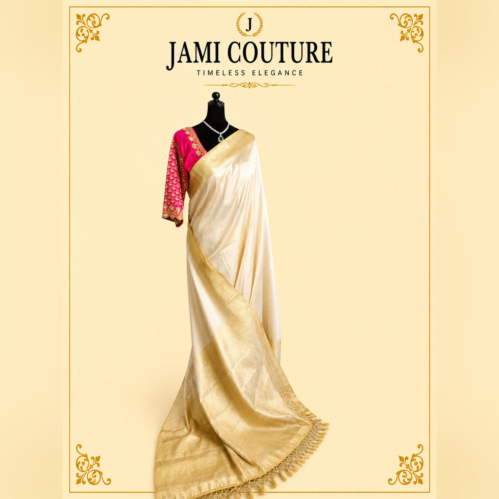 Beige & Gold Kasavu Silk Blend Saree with Tassels