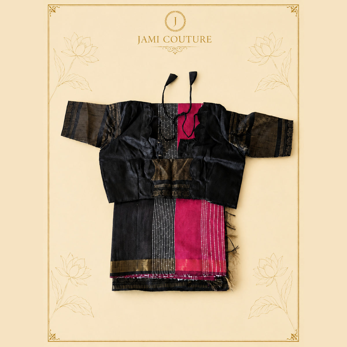Black & Fuchsia Color-Block Silk Saree