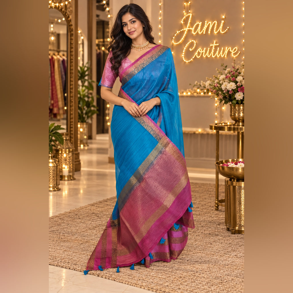 Blue & Baby Pink Jute Silk Saree with Double Gap Border