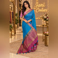 Blue & Baby Pink Jute Silk Saree with Double Gap Border
