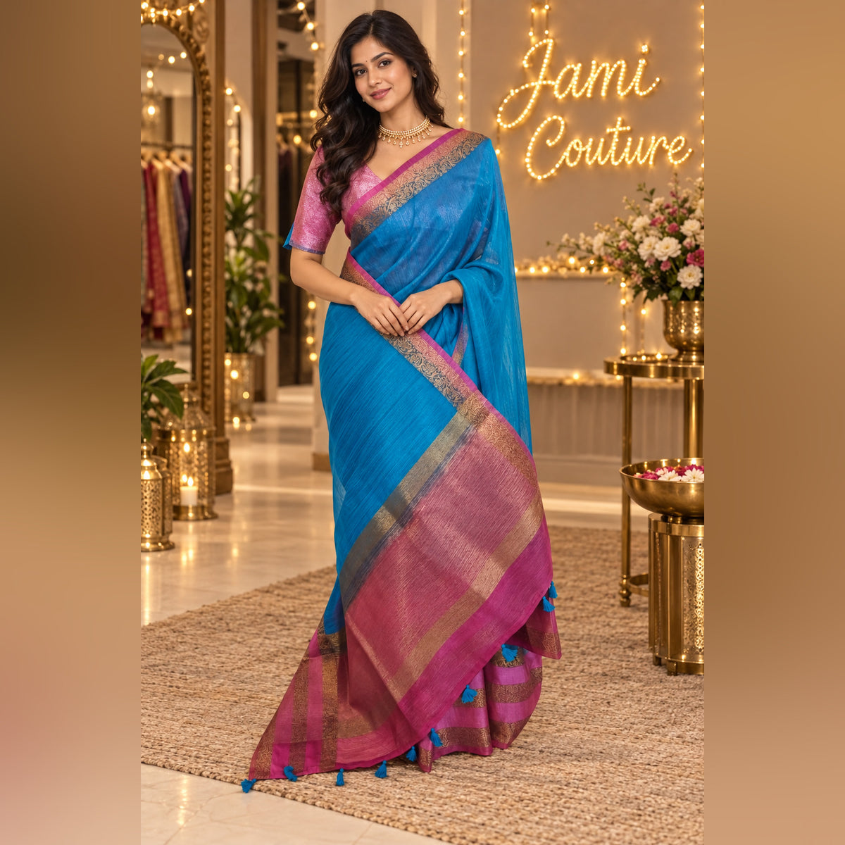 Blue & Baby Pink Jute Silk Saree with Double Gap Border