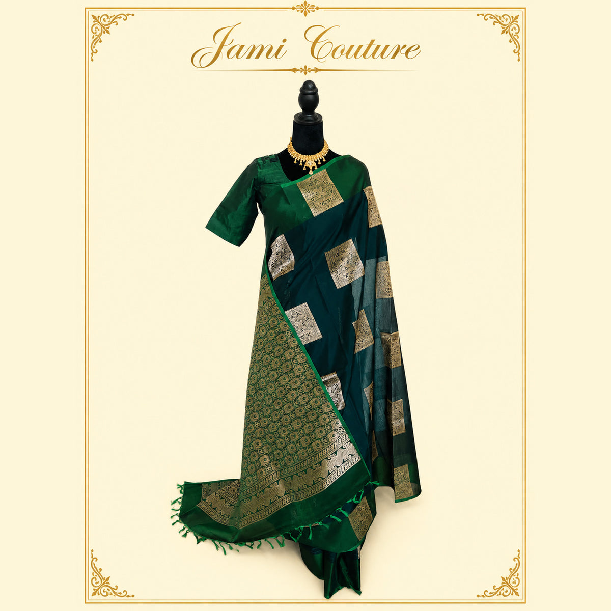 Bottle Green Kanchi Silk Cotton Saree, Gold Zari Brocade