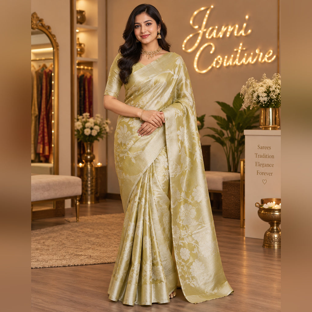 Champagne Gold Tissue Silk Saree, Floral Zari Weave