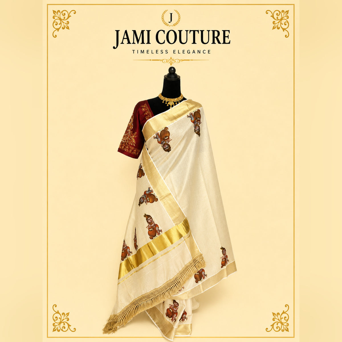 Cream Kerala Tissue Saree with Krishna Motifs