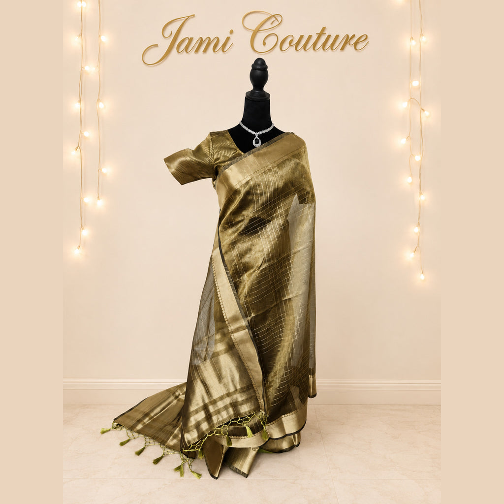 Antique Gold Tissue Organza Saree, Gold Zari Checks