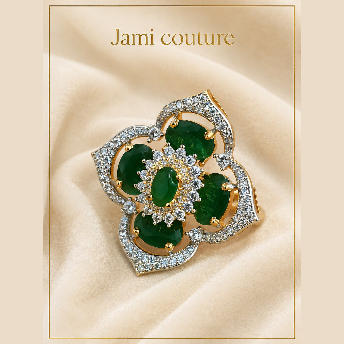 Emerald & American Diamond Floral Ring, Two-Tone
