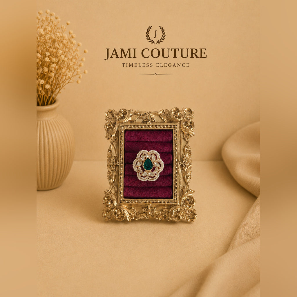 Emerald Kundan Floral Ring with Pearl Halo