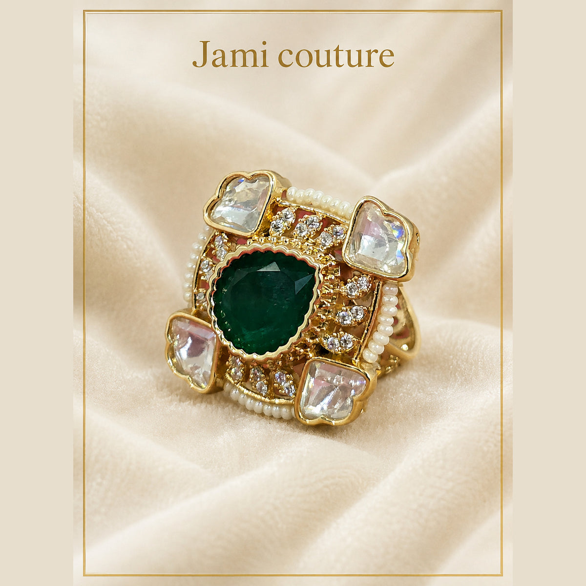Emerald Green Polki Kundan Ring with Pearls