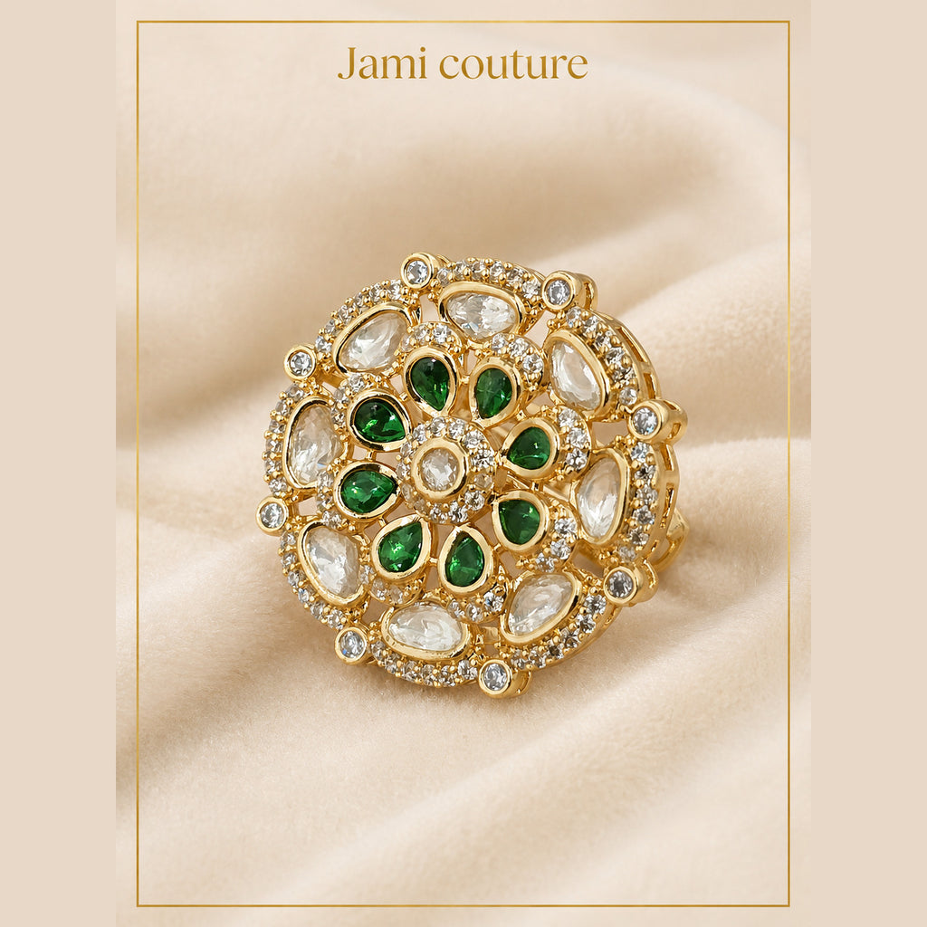 Emerald Green & White Kundan Floral Ring