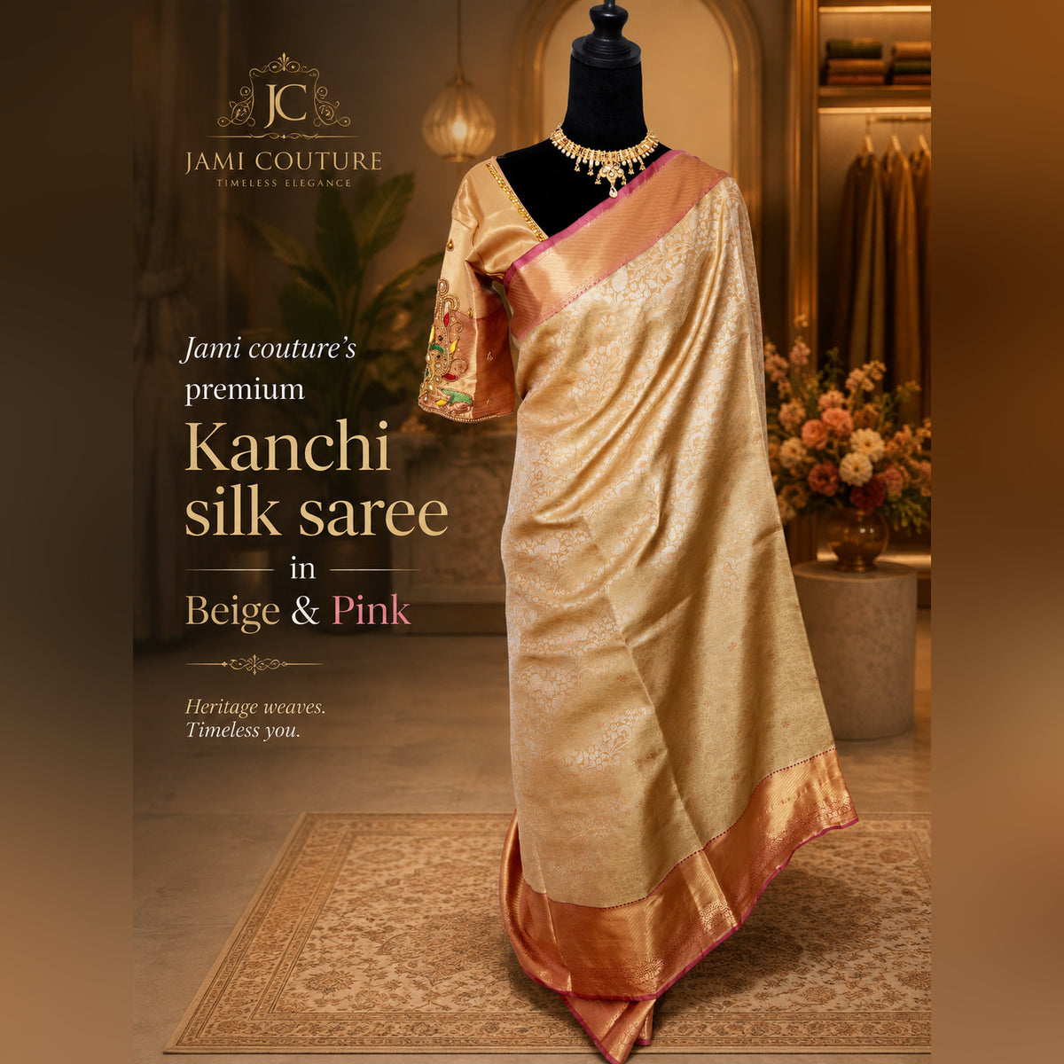 Gold Kanchivaram Silk Saree with Pink Border