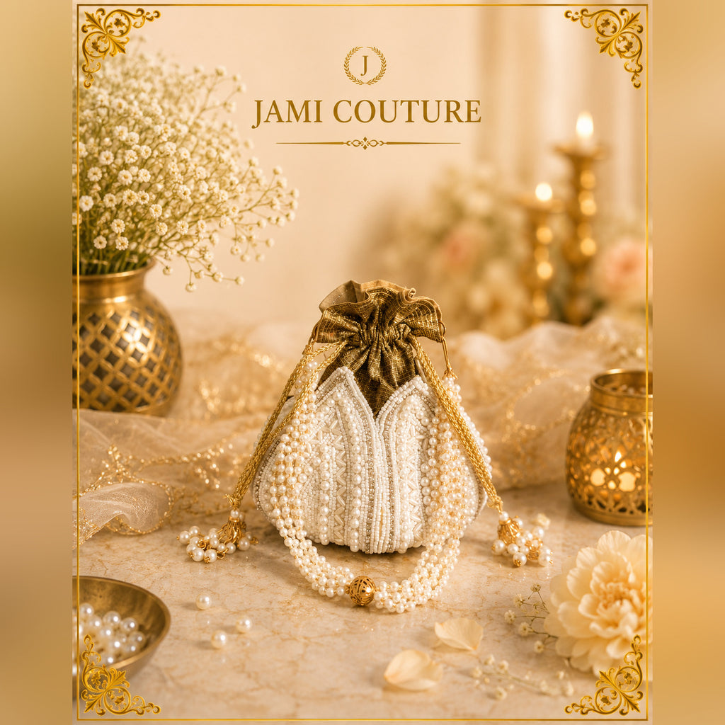 Gold-Toned and White Embellished Potli Clutch