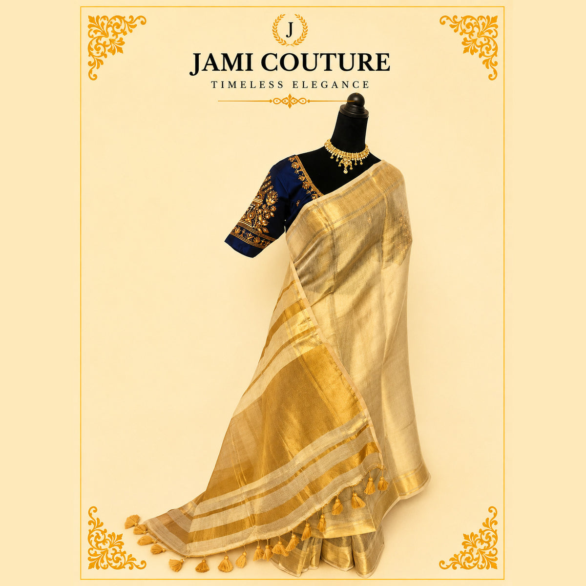 Golden Kadhi Tissue Silk Saree with Tasseled Pallu