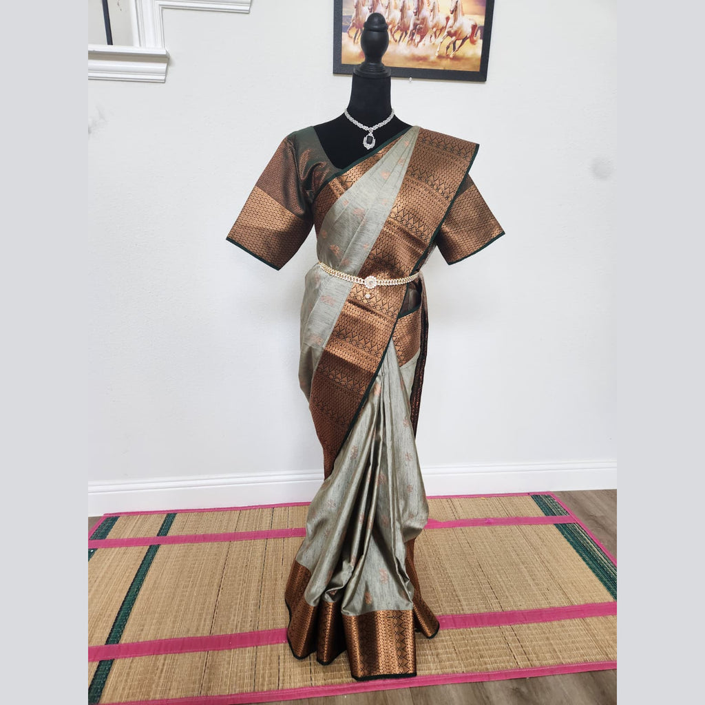 Grey & Copper Handloom Tussar Silk Saree