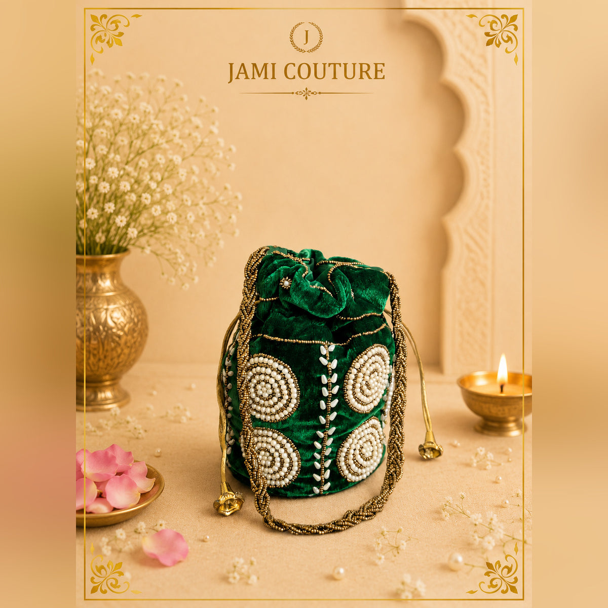Green and Gold-Toned Embellished Potli Clutch