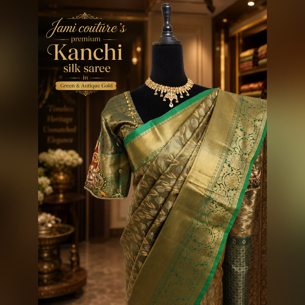 Green & Antique Gold Kanchivaram Silk Saree