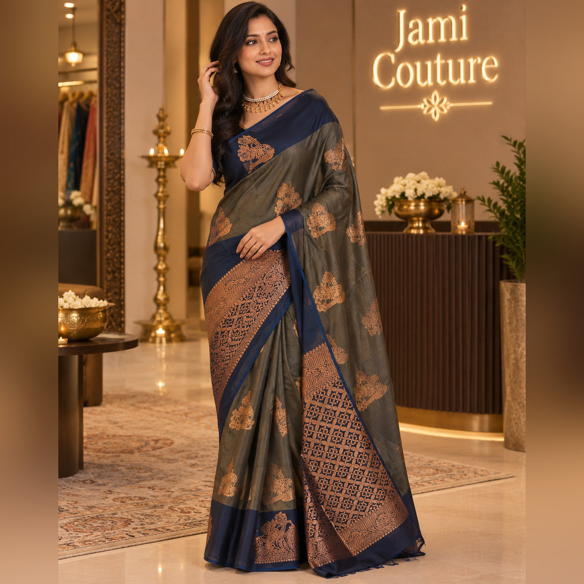 Green Kanchi Silk Cotton Saree, Gold Zari Brocade