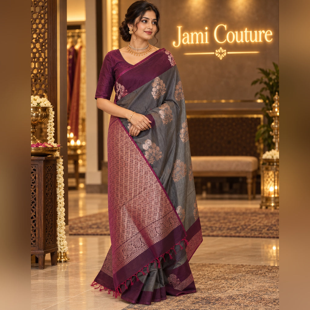Gray Kanchi Silk Cotton Saree, Gold Zari Brocade
