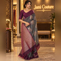 Gray Kanchi Silk Cotton Saree, Gold Zari Brocade