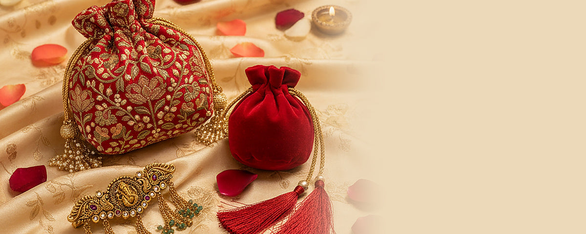 Embroidered and velvet potli bags with a temple-jewel hair piece and tassels on cream silk